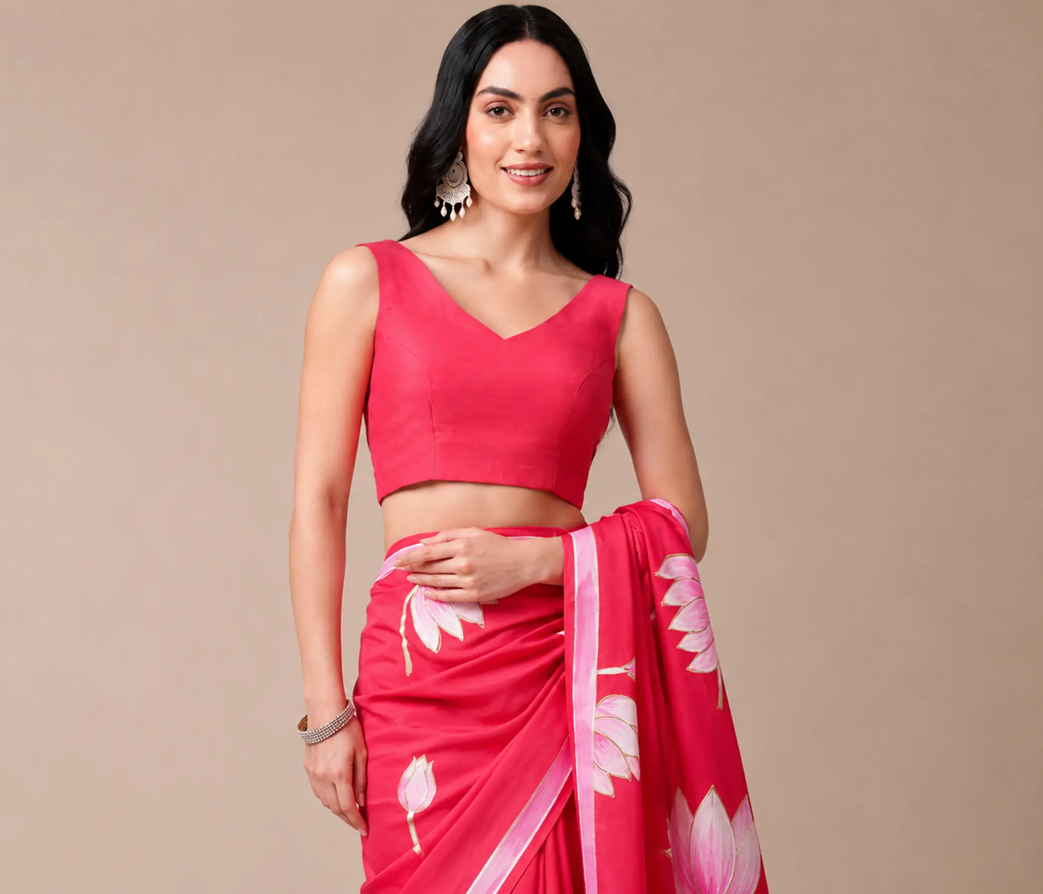 Hand-Painted Fuchsia Pink Chiffon Saree with White & Pink Lotus Motifs